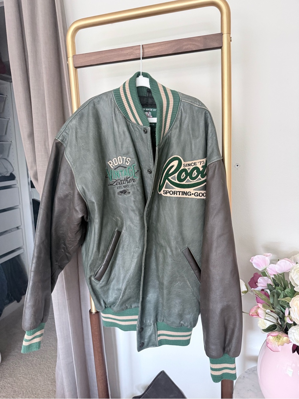 Vintage 100% leather Roots Green Bomber Jacket with Brown Sleeves